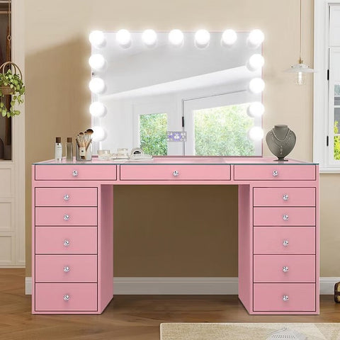 dusky pink dressing table Ktaxon Flutted Makeup Vanity Table Set with 5 Drawer, Dressing Table w/Charging Station, Vanity Desk for Femal Gift, Pink